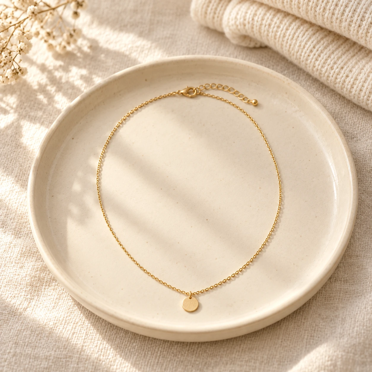 A delicate gold disc necklace resting on an ivory ceramic tray